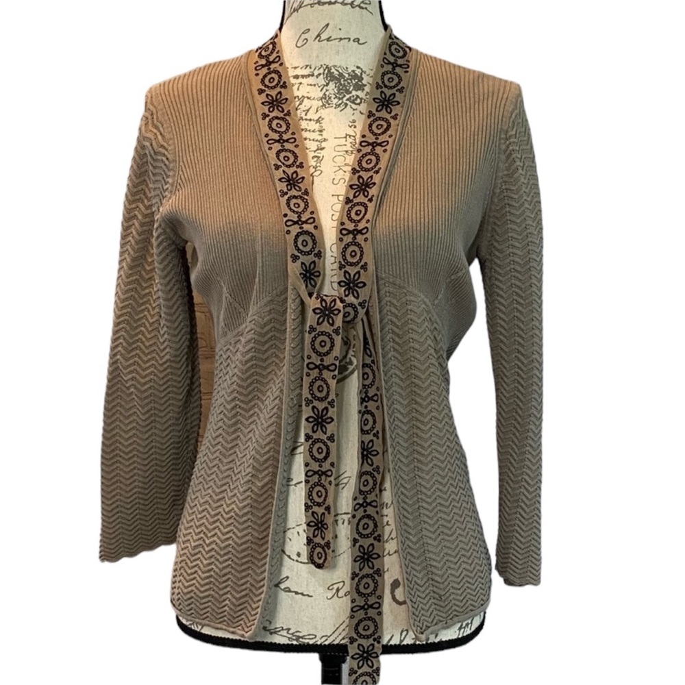 Sigrid Olson Open Front Silk Cardigan Embroidered Trim Self Tie Textured Taupe